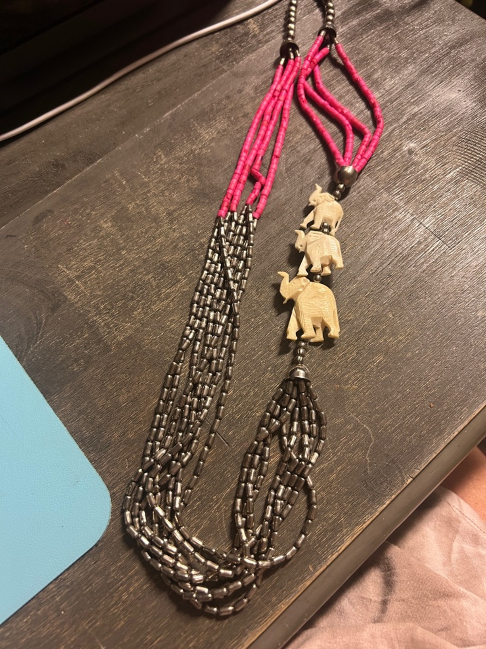 Carved Ox Bone Bohoโ Elephant Pendant Multi-Strand Necklace in Hot Pink & Silver